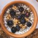 Top view of a nutritious bowl with yoghurt, blueberries, chia seeds, and walnuts.